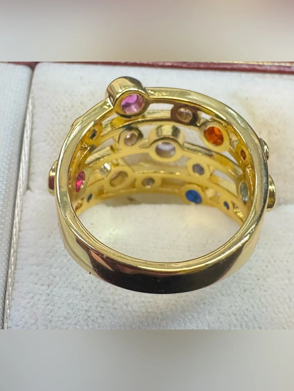 Gold Plated Multi-Row Ring with Blue, Pink, Purple, Orange & Clear Stones